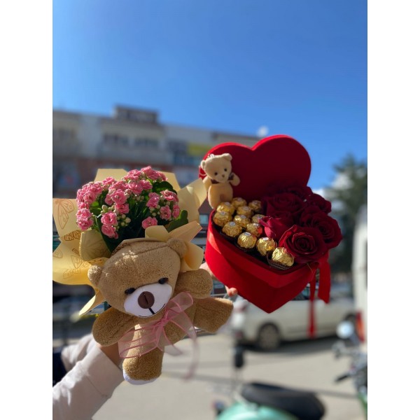 Kalpli Kutu Gül, Ayıcık, Kalanşo ve Ferrero Rocher Aranjmanı